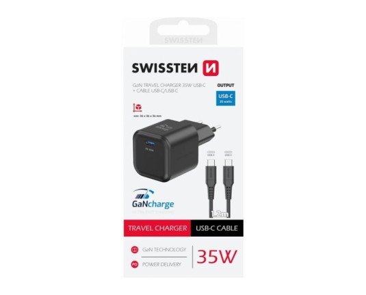 Kablovi, adapteri i punjači - Swissten Travel Charger 1x USB-C 35W PD black , data cable USB-C/USB-C 1.2m black - Avalon ltd