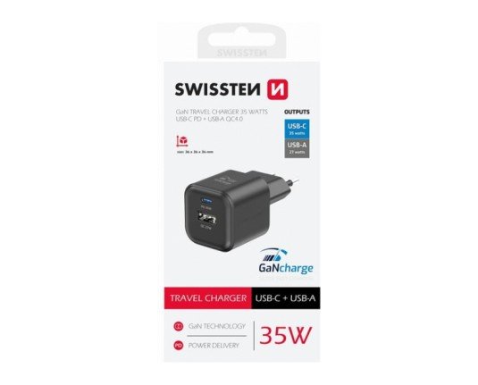 Kablovi, adapteri i punjači - Swissten TREVEL CHARGER 1X USB-C 35W PD, 1X USB-A 27W QC - Avalon ltd