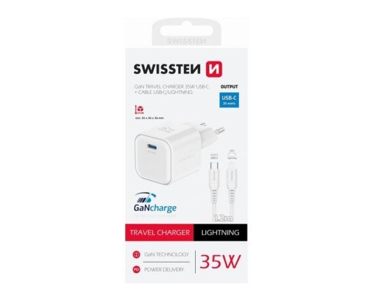 Kablovi, adapteri i punjači - SWISSTEN TEAVEL CHARGER 1xUSB-C 35W PD white, data cable USB-C Lighting 1,2m, white - Avalon ltd